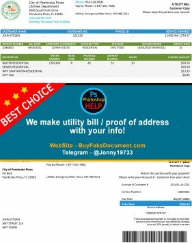 Florida City of Pembroke Pines Utilities Department Sample Fake utility bill
